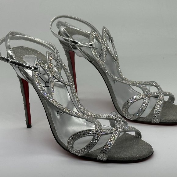 Christian Louboutin DOUBLE L STRASS 100 Crystal Glitter Sandals Heel Shoes - Picture 10 of 16
